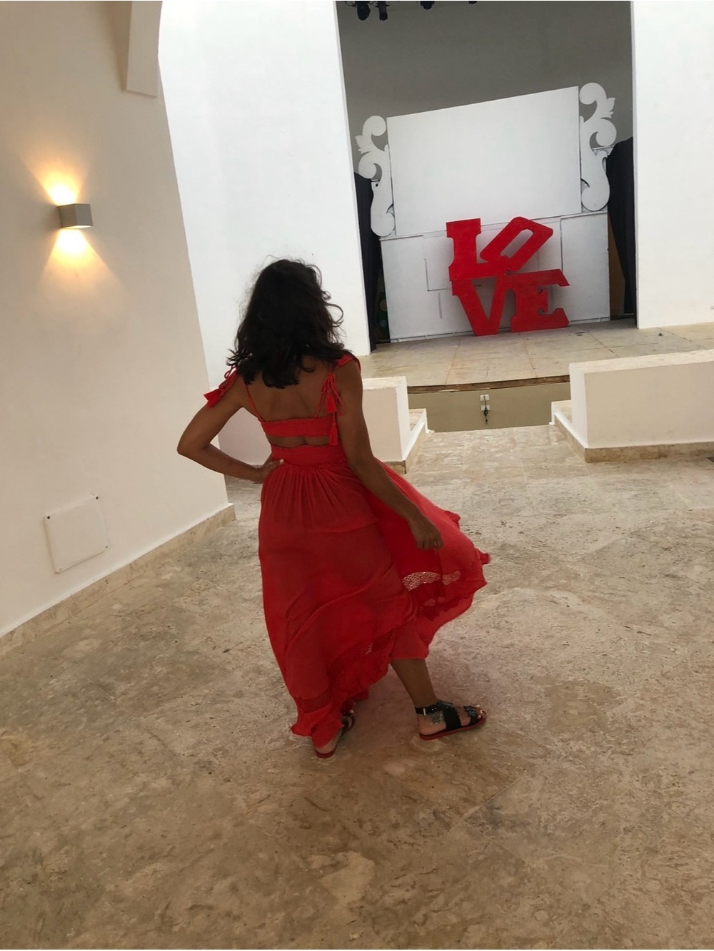 Free People Red Ruffle Lace Trim V-Neck Sleeveless Maxi Dress Tie Waist XS - Picture 2 of 3
